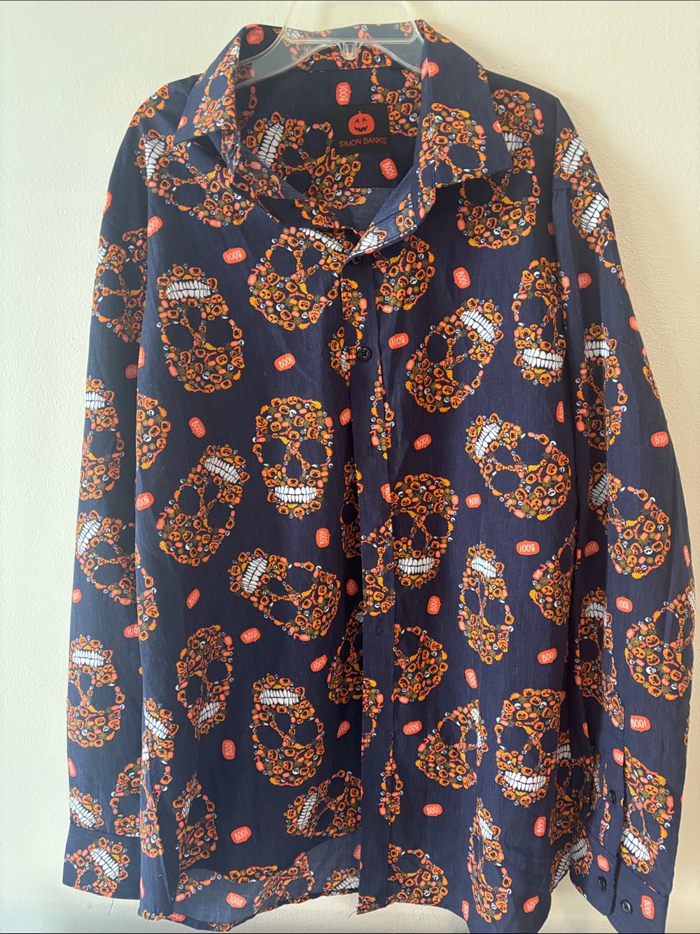 Simon Banks Men's Navy Button-Down Shirt with Orange Skull Print